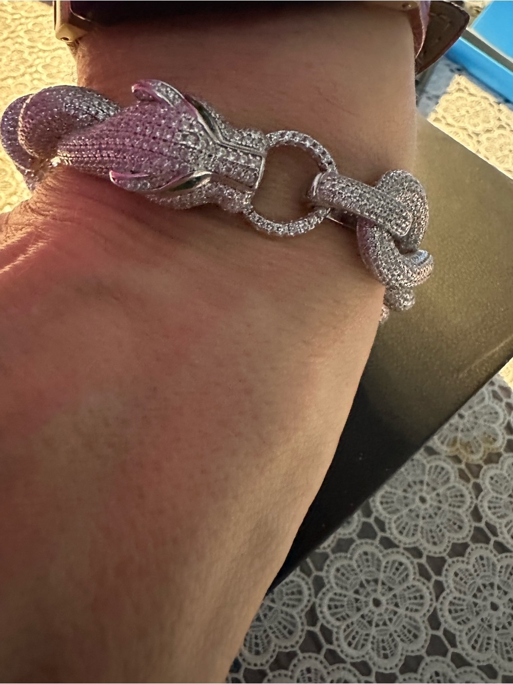 Sterling Silver Pavé Link Bracelet with jaquar Head Clasp - Women Jewelry